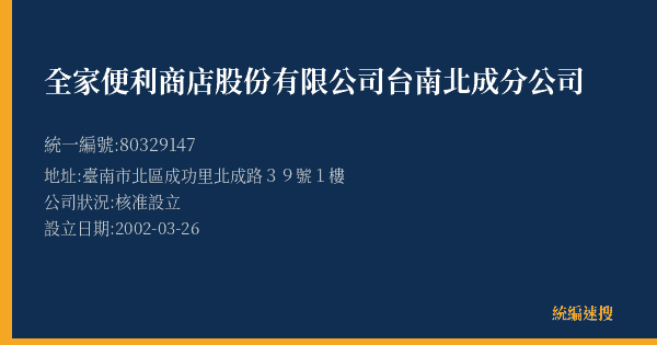 全家便利商店股份有限公司台南北成分公司的照片-統編 80329147(臺南市) 公司登記資料與營業項目詳細圖表