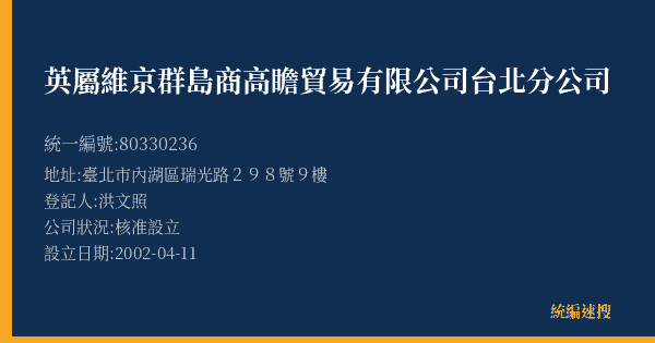 英屬維京群島商高瞻貿易有限公司台北分公司的照片-統編 80330236(臺北市) 公司登記資料與營業項目詳細圖表