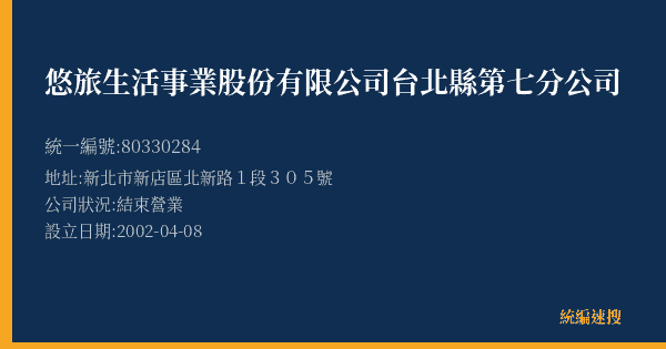 悠旅生活事業股份有限公司台北縣第七分公司的照片-統編 80330284(新北市) 公司登記資料與營業項目詳細圖表