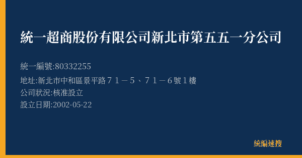 統一超商股份有限公司新北市第五五一分公司的照片-統編 80332255(新北市) 公司登記資料與營業項目詳細圖表
