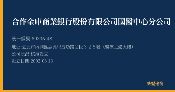 合作金庫商業銀行股份有限公司國醫中心分公司的照片-統編 80336148(臺北市) 公司登記資料與營業項目詳細圖表