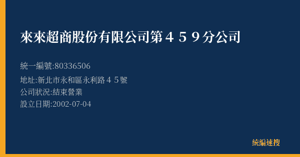 來來超商股份有限公司第459分公司的照片-統編 80336506(新北市) 公司登記資料與營業項目詳細圖表