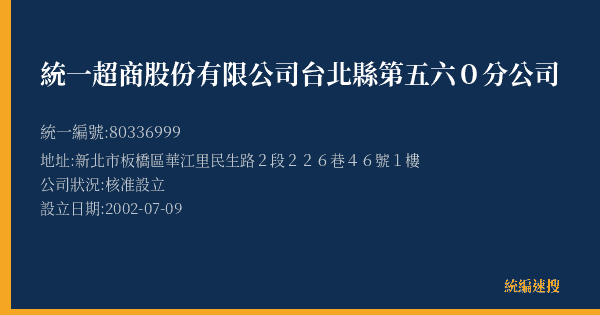 統一超商股份有限公司台北縣第五六0分公司的照片-統編 80336999(新北市) 公司登記資料與營業項目詳細圖表
