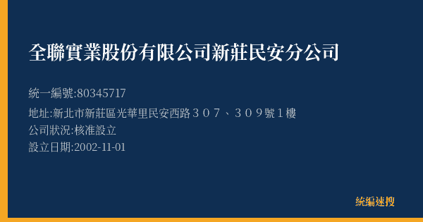 全聯實業股份有限公司新莊民安分公司的照片-統編 80345717(新北市) 公司登記資料與營業項目詳細圖表