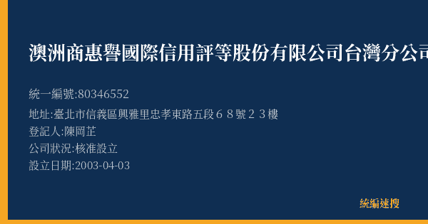 澳洲商惠譽國際信用評等股份有限公司台灣分公司的照片-統編 80346552(臺北市) 公司登記資料與營業項目詳細圖表