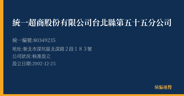 統一超商股份有限公司台北縣第五十五分公司的照片-統編 80349235(新北市) 公司登記資料與營業項目詳細圖表