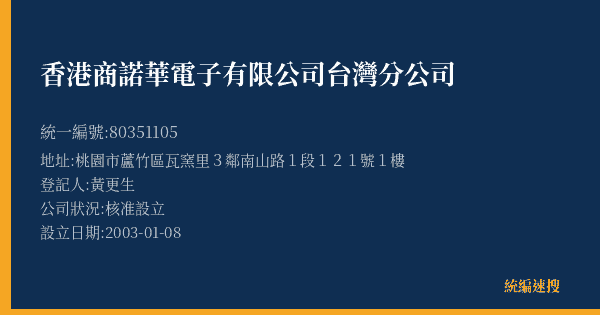 香港商諾華電子有限公司台灣分公司的照片-統編 80351105(桃園市) 公司登記資料與營業項目詳細圖表