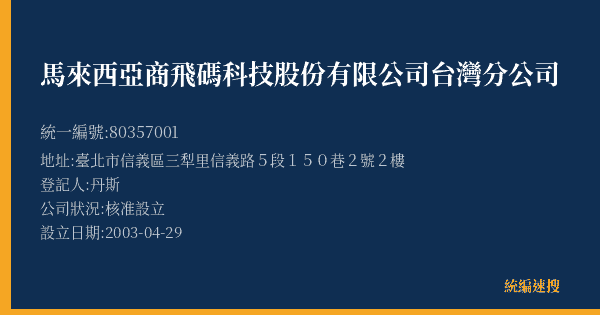 馬來西亞商飛碼科技股份有限公司台灣分公司的照片-統編 80357001(臺北市) 公司登記資料與營業項目詳細圖表