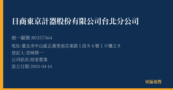 日商東京計器股份有限公司台北分公司的照片-統編 80357564(臺北市) 公司登記資料與營業項目詳細圖表