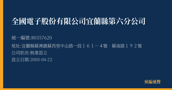 全國電子股份有限公司宜蘭縣第六分公司的照片-統編 80357620(宜蘭縣) 公司登記資料與營業項目詳細圖表