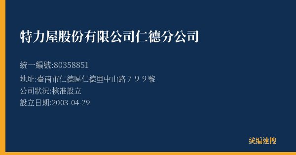 特力屋股份有限公司仁德分公司的照片-統編 80358851(臺南市) 公司登記資料與營業項目詳細圖表