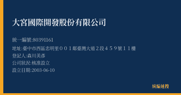 大宮國際開發股份有限公司的照片-統編 80391161(臺中市) 公司登記資料與營業項目詳細圖表