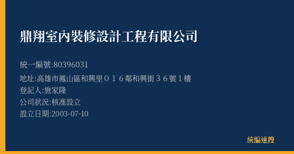 鼎翔室內裝修設計工程有限公司的照片-統編 80396031(高雄市) 公司登記資料與營業項目詳細圖表