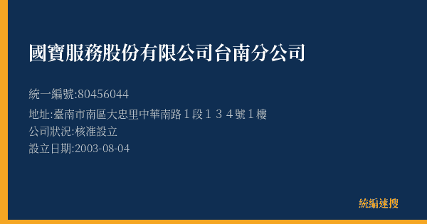 國寶服務股份有限公司台南分公司的照片-統編 80456044(臺南市) 公司登記資料與營業項目詳細圖表