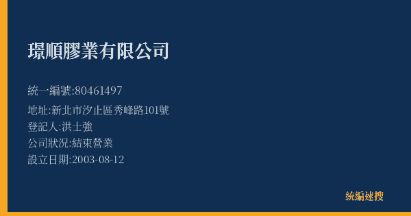 璟順膠業有限公司的照片-統編 80461497(新北市) 公司登記資料與營業項目詳細圖表