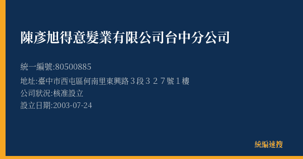 陳彥旭得意髮業有限公司台中分公司的照片-統編 80500885(臺中市) 公司登記資料與營業項目詳細圖表