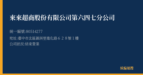 來來超商股份有限公司第六四七分公司的照片-統編 80514277(臺中市) 公司登記資料與營業項目詳細圖表