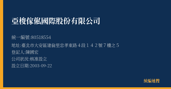 亞梭傢俬國際股份有限公司的照片-統編 80518554(臺北市) 公司登記資料與營業項目詳細圖表
