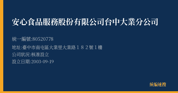 安心食品服務股份有限公司台中大業分公司的照片-統編 80520778(臺中市) 公司登記資料與營業項目詳細圖表