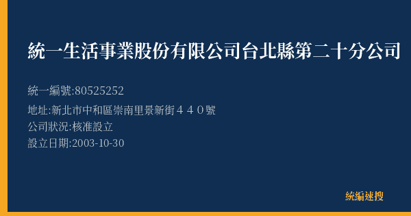 統一生活事業股份有限公司台北縣第二十分公司的照片-統編 80525252(新北市) 公司登記資料與營業項目詳細圖表
