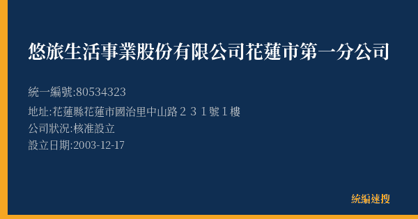 悠旅生活事業股份有限公司花蓮市第一分公司的照片-統編 80534323(花蓮縣) 公司登記資料與營業項目詳細圖表