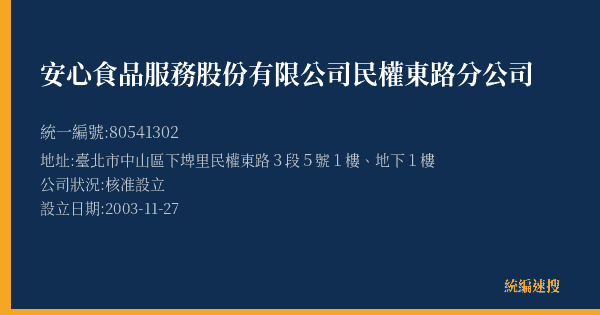 安心食品服務股份有限公司民權東路分公司的照片-統編 80541302(臺北市) 公司登記資料與營業項目詳細圖表