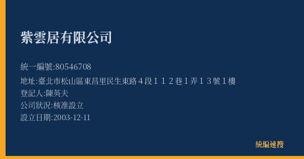 紫雲居有限公司的照片-統編 80546708(臺北市) 公司登記資料與營業項目詳細圖表