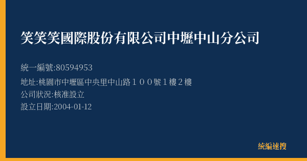 笑笑笑國際股份有限公司中壢中山分公司的照片-統編 80594953(桃園市) 公司登記資料與營業項目詳細圖表