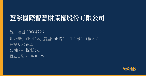 慧擎國際智慧財產權股份有限公司的照片-統編 80664726(新北市) 公司登記資料與營業項目詳細圖表