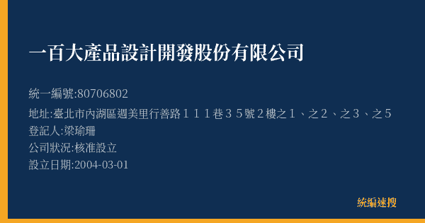 一百大產品設計開發股份有限公司的照片-統編 80706802(臺北市) 公司登記資料與營業項目詳細圖表