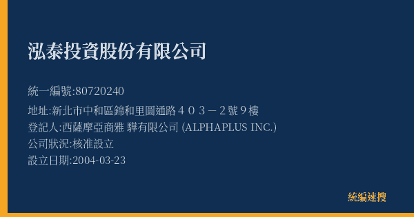 泓泰投資股份有限公司的照片-統編 80720240(新北市) 公司登記資料與營業項目詳細圖表
