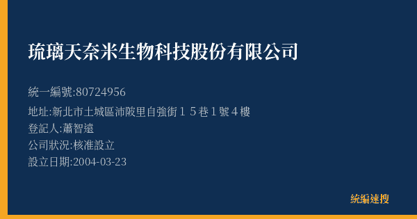 琉璃天奈米生物科技股份有限公司的照片-統編 80724956(新北市) 公司登記資料與營業項目詳細圖表
