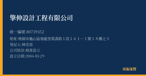 擎伸設計工程有限公司的照片-統編 80739352(桃園市) 公司登記資料與營業項目詳細圖表
