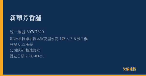 新華芳香舖的照片-統編 80767820(桃園市) 公司登記資料與營業項目詳細圖表
