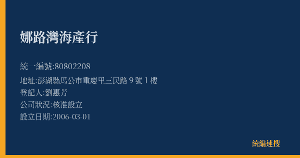 娜路灣海產行的照片-統編 80802208(澎湖縣) 公司登記資料與營業項目詳細圖表