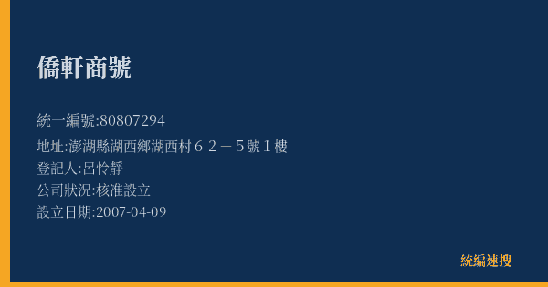 僑軒商號的照片-統編 80807294(澎湖縣) 公司登記資料與營業項目詳細圖表