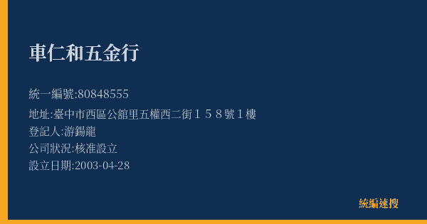 車仁和五金行的照片-統編 80848555(臺中市) 公司登記資料與營業項目詳細圖表