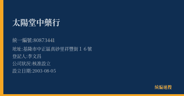 太陽堂中藥行的照片-統編 80873441(基隆市) 公司登記資料與營業項目詳細圖表