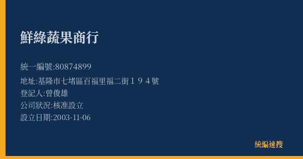 鮮綠蔬果商行的照片-統編 80874899(基隆市) 公司登記資料與營業項目詳細圖表