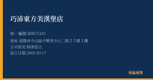 巧沛東方美漢堡店的照片-統編 80875145(基隆市) 公司登記資料與營業項目詳細圖表