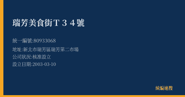 瑞芳美食街T34號的照片-統編 80933068(新北市) 公司登記資料與營業項目詳細圖表