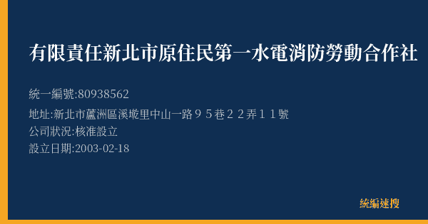 有限責任新北市原住民第一水電消防勞動合作社的照片-統編 80938562(新北市) 公司登記資料與營業項目詳細圖表