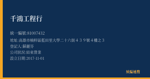 千鴻工程行的照片-統編 81007432(高雄市) 公司登記資料與營業項目詳細圖表