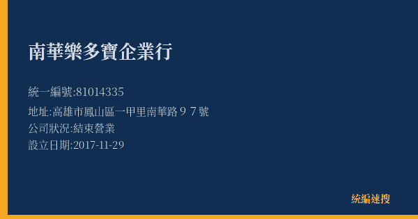 南華樂多寶企業行的照片-統編 81014335(高雄市) 公司登記資料與營業項目詳細圖表