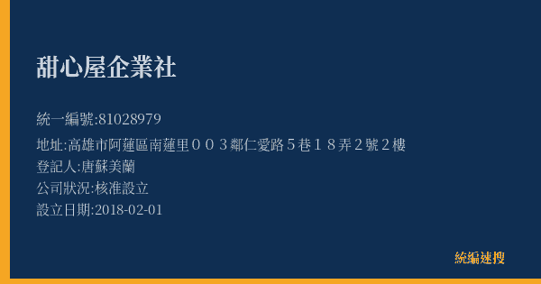 甜心屋企業社的照片-統編 81028979(高雄市) 公司登記資料與營業項目詳細圖表