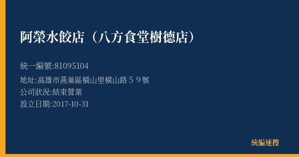 阿榮水餃店(八方食堂樹德店)的照片-統編 81095104(高雄市) 公司登記資料與營業項目詳細圖表