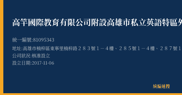 高竿國際教育有限公司附設高雄市私立英語特區外語文理短期補習班的照片-統編 81095343(高雄市) 公司登記資料與營業項目詳細圖表
