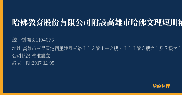 哈佛教育股份有限公司附設高雄市哈佛文理短期補習班的照片-統編 81104075(高雄市) 公司登記資料與營業項目詳細圖表