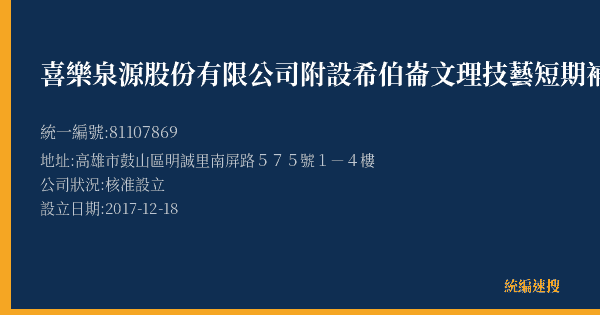 喜樂泉源股份有限公司附設希伯崙文理技藝短期補習班明華分班的照片-統編 81107869(高雄市) 公司登記資料與營業項目詳細圖表