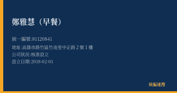 鄭雅慧(早餐)的照片-統編 81120841(高雄市) 公司登記資料與營業項目詳細圖表